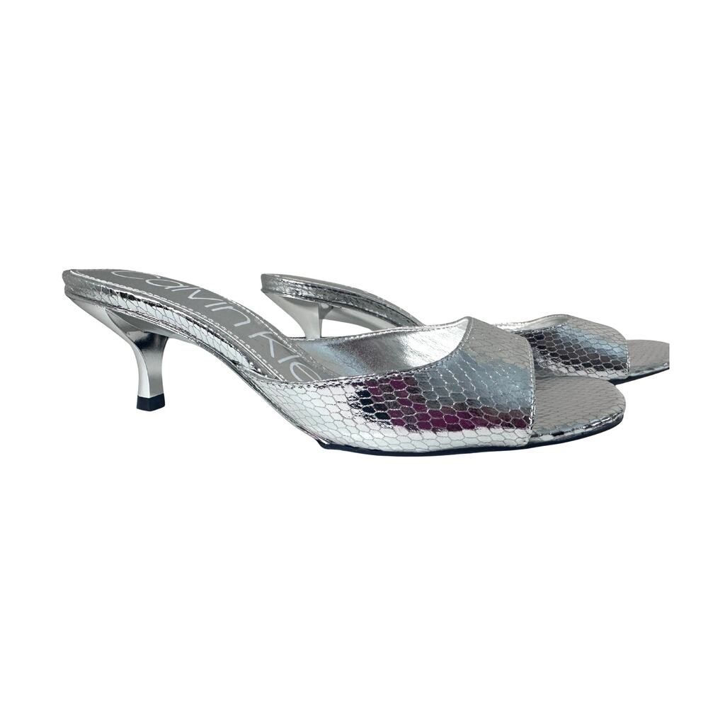 Calvin Klein Silver Glitter Kitten Heel Slide Sandals 5M NIB Glam Party Y2K - Picture 6 of 9